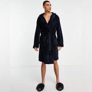 French Connection Men Hooded Robe Fleece Dressing Gown - Navy Blue – S/M